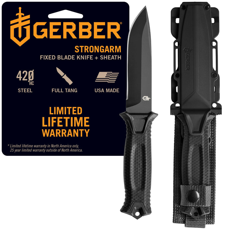 Gerber Gear StrongArm - Fixed-Blade Camping & Hunting Knife with Striking Pommel & Sheath - Premium Survival Gear - Black, Plain Edge